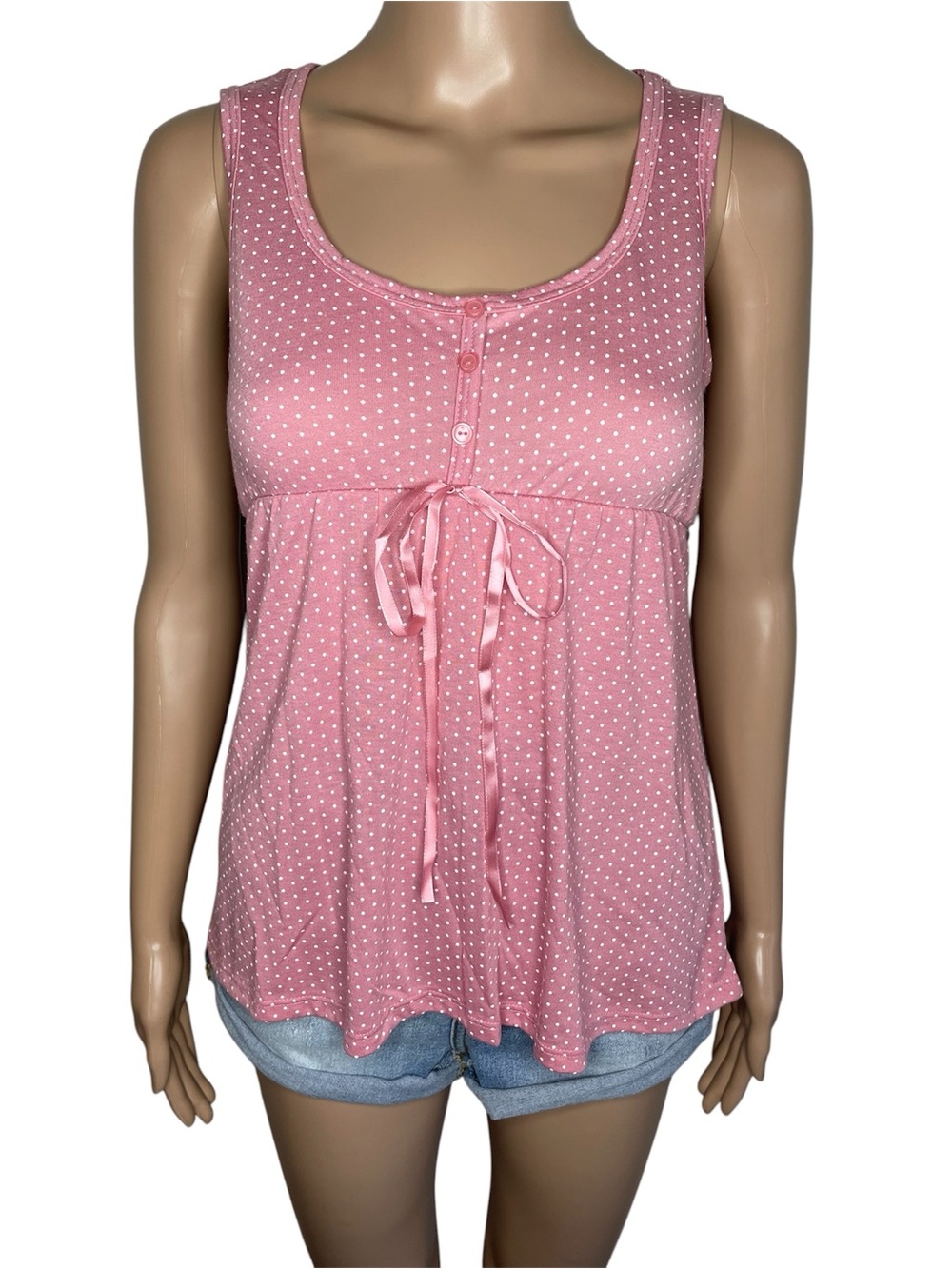 Y2K Julie’s Closet Pink Polka Dot Sleeveless Tie-Front Babydoll Tank Top